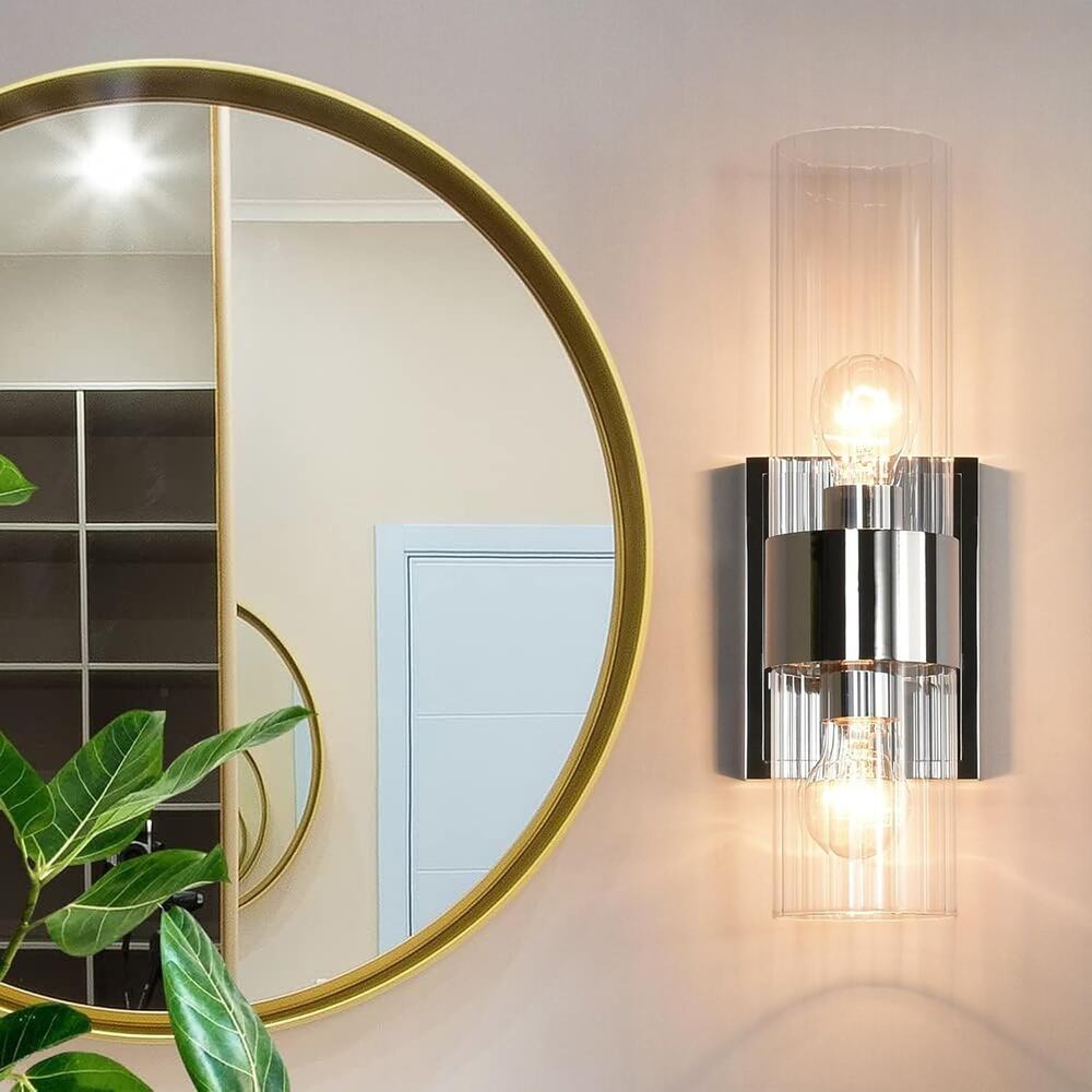 2-Light Polished Nickel Bathroom Vanity Light Clear Ribbed Glass Sconce - Picture 7 of 8